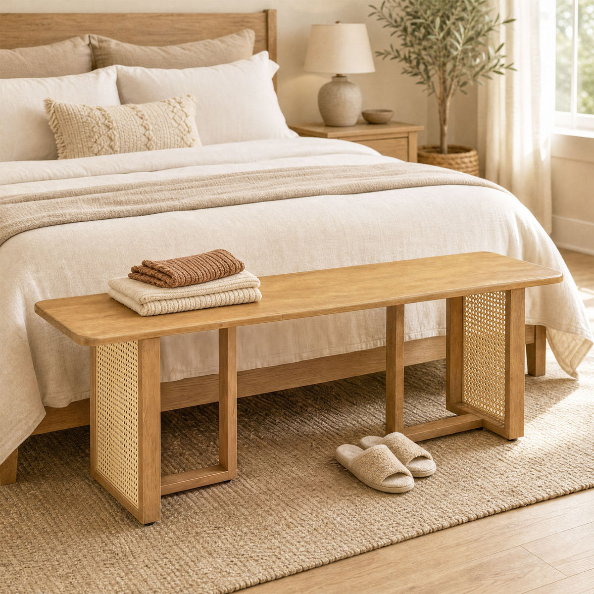 55 inches Solid Rubber Wood Dining Bench with Rattan Legs-Natural view 3