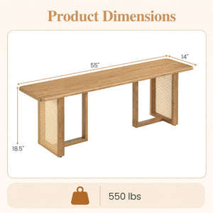 55 inches Solid Rubber Wood Dining Bench with Rattan Legs-Natural view 4