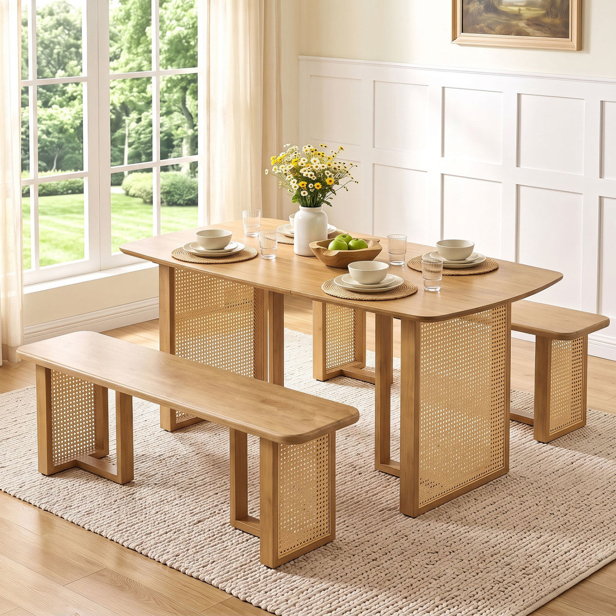 55 inches Solid Rubber Wood Dining Bench with Rattan Legs-Natural view 6