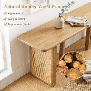 55 inches Solid Rubber Wood Dining Bench with Rattan Legs-Natural view 8