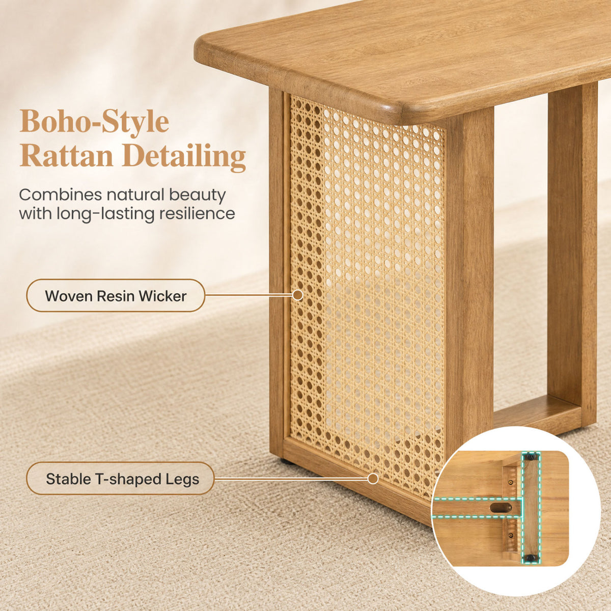 55 inches Solid Rubber Wood Dining Bench with Rattan Legs-Natural view 9
