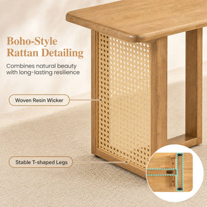 55 inches Solid Rubber Wood Dining Bench with Rattan Legs-Natural view 9