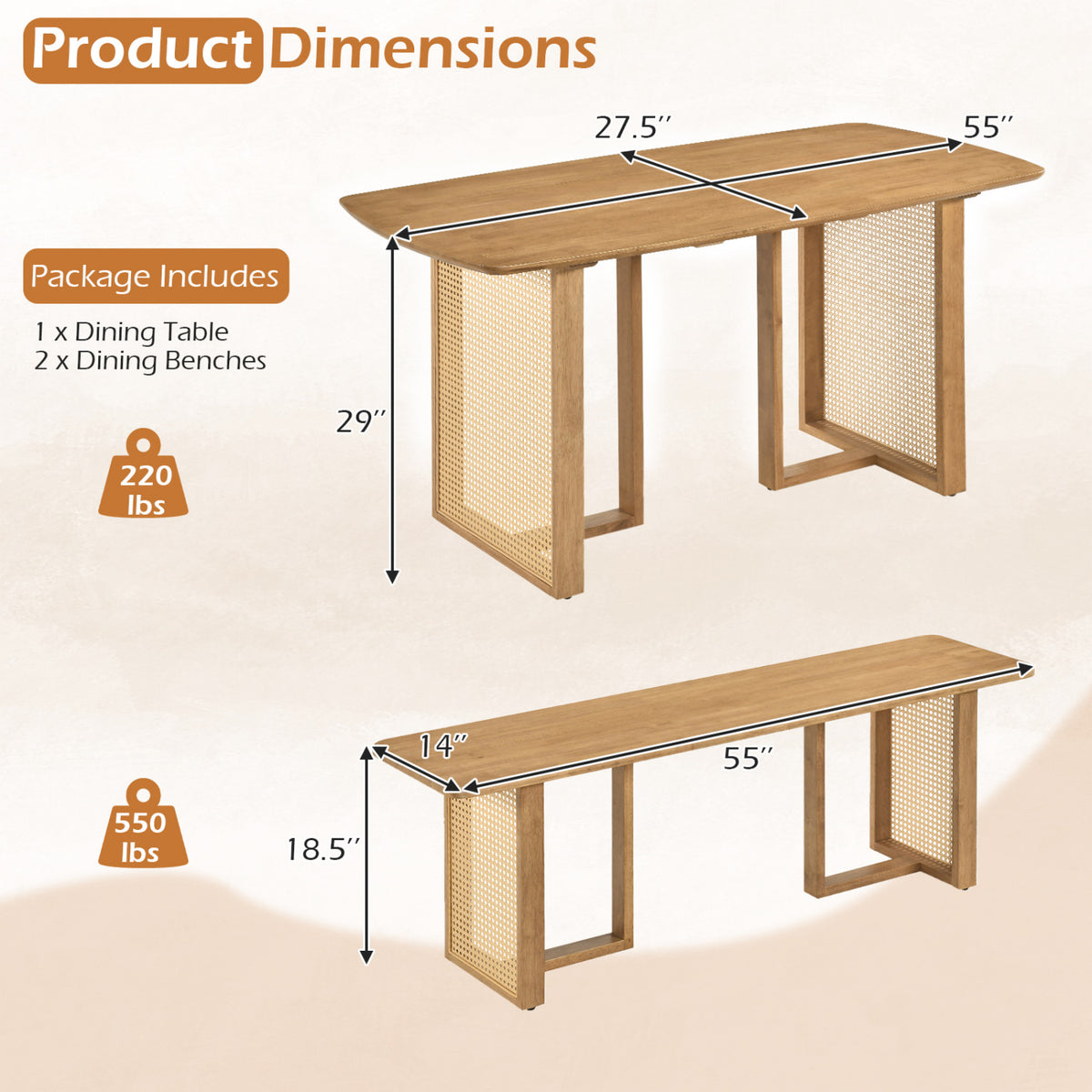 55” Solid Rubber Wood Dining Table Set Boho Rectangular Dining Table with 2 Benches-Natural view 4