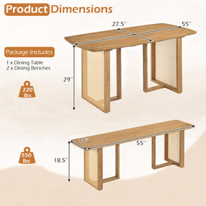 55” Solid Rubber Wood Dining Table Set Boho Rectangular Dining Table with 2 Benches-Natural view 4