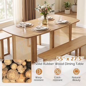 55” Solid Rubber Wood Dining Table Set Boho Rectangular Dining Table with 2 Benches-Natural view 7