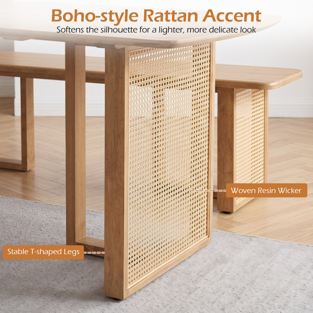 55 inches Solid Rubber Wood Dining Table Set for 4 People with Rounded Edges-Natural view 9