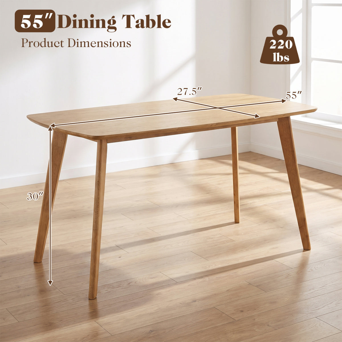 55 inches Solid Wood Dining Table for 4-6 People with Rounded Edges-Natural view 4