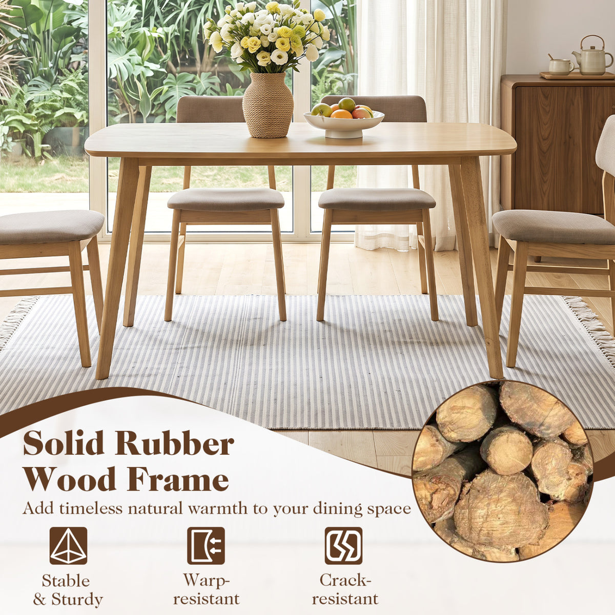 55 inches Solid Wood Dining Table for 4-6 People with Rounded Edges-Natural view 7
