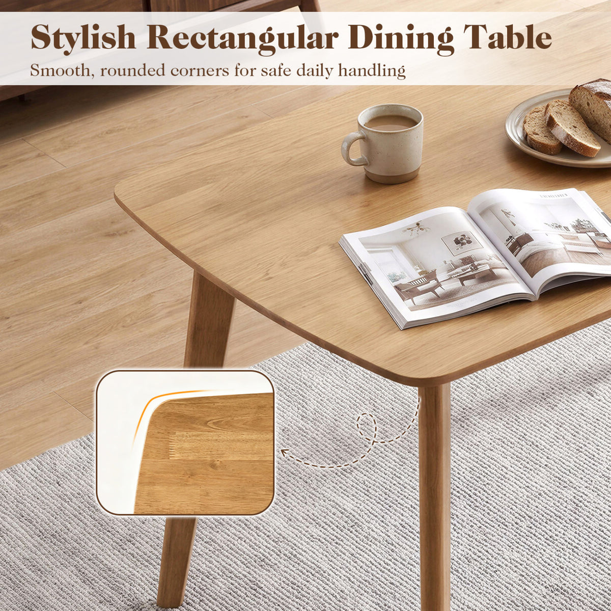 55 inches Solid Wood Dining Table for 4-6 People with Rounded Edges-Natural view 8