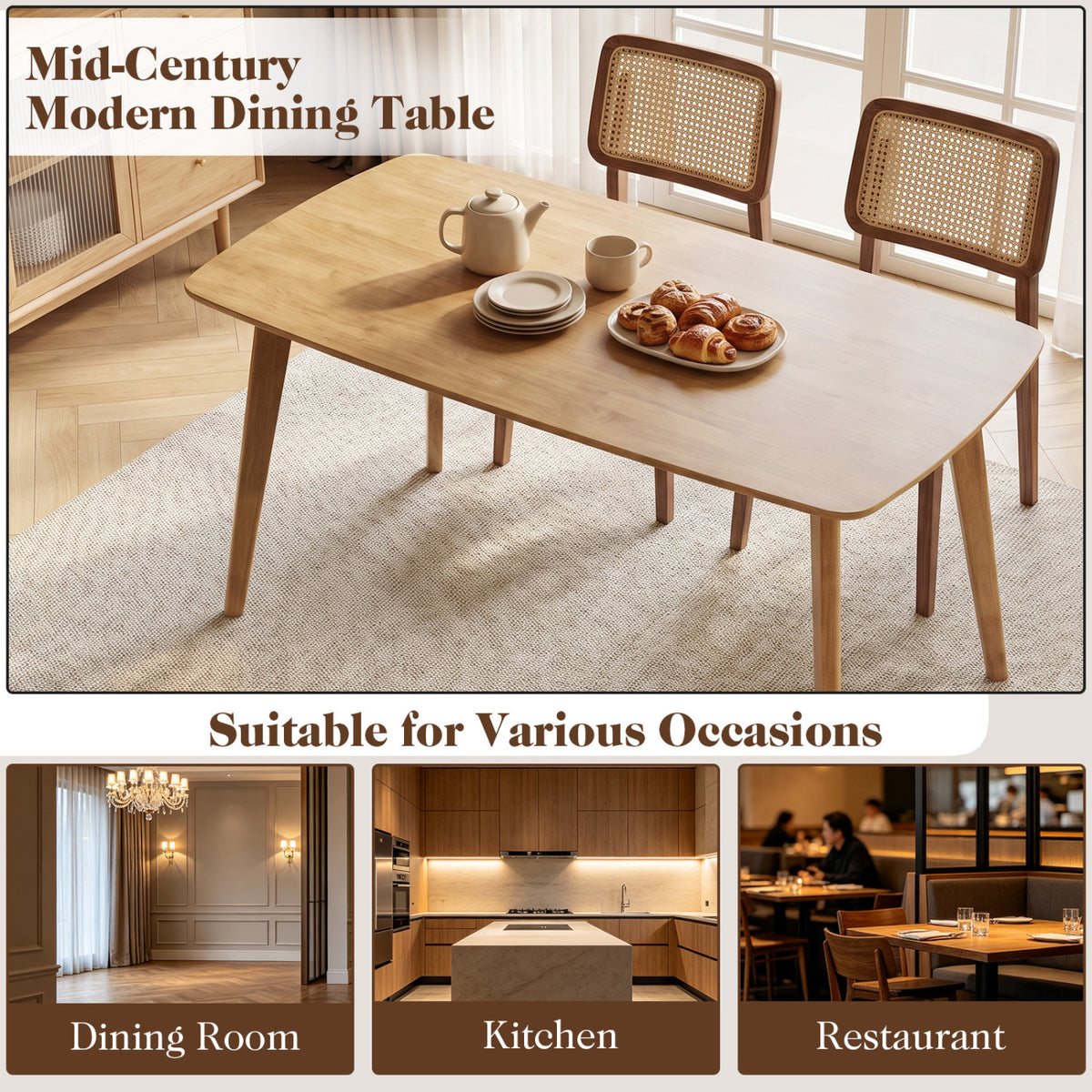 55 inches Solid Wood Dining Table for 4-6 People with Rounded Edges-Natural view 9