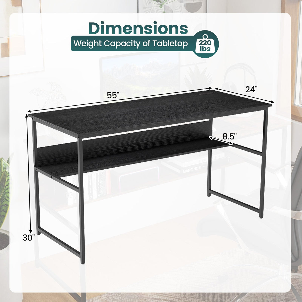 55 x 24 inch Computer Desk with Power Outlets and USB Ports-Black view 5
