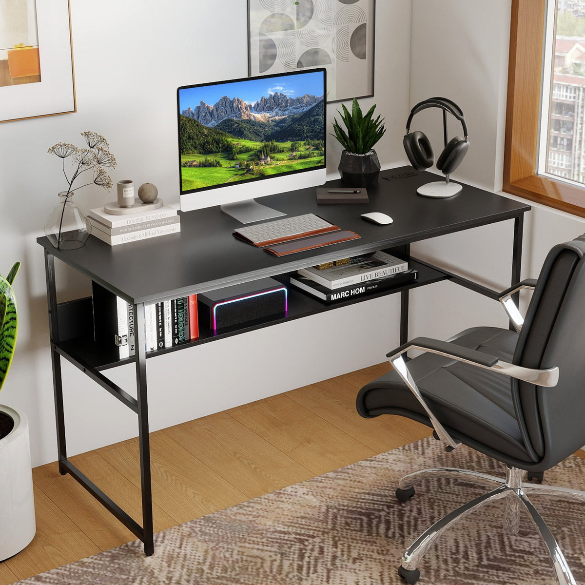 55 x 24 inch Computer Desk with Power Outlets and USB Ports-Black view 6