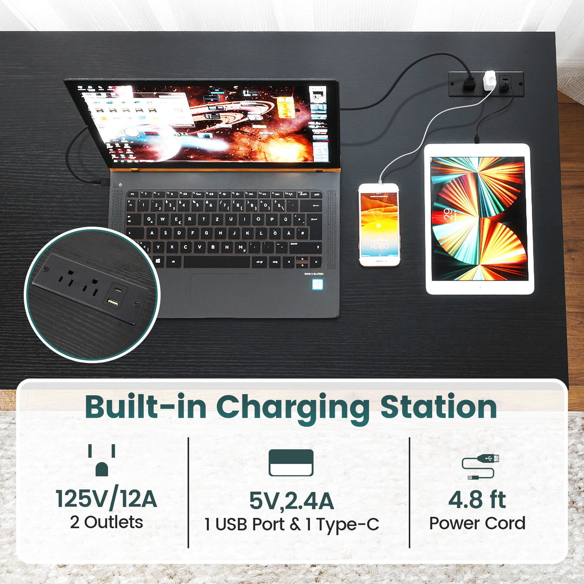 55 x 24 inch Computer Desk with Power Outlets and USB Ports-Black view 8