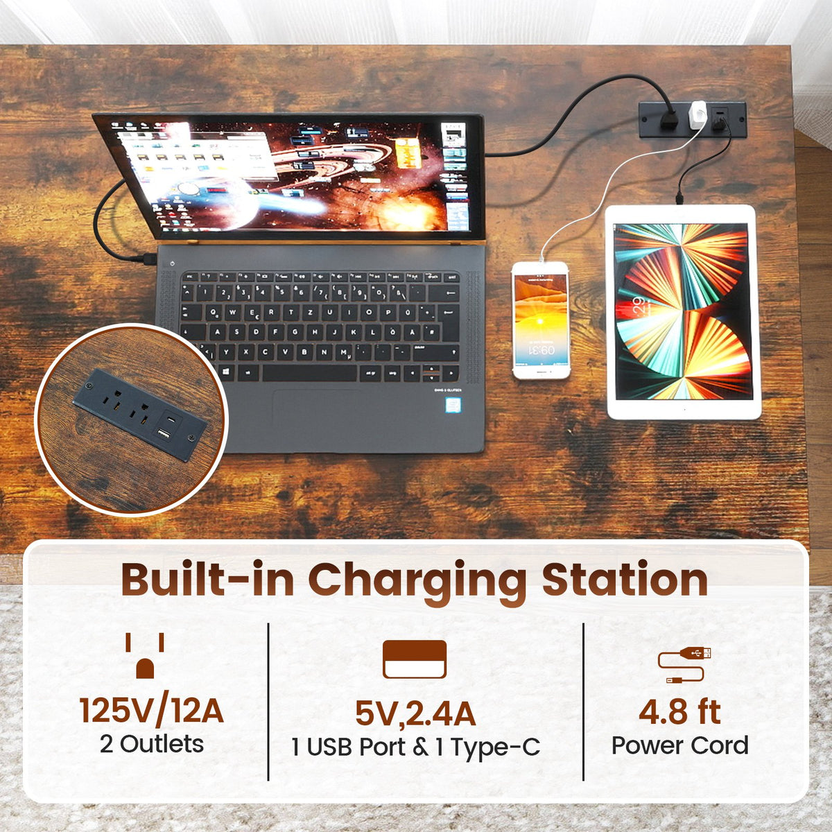 55 x 24 inch Computer Desk with Power Outlets and USB Ports-Rustic Brown view 7