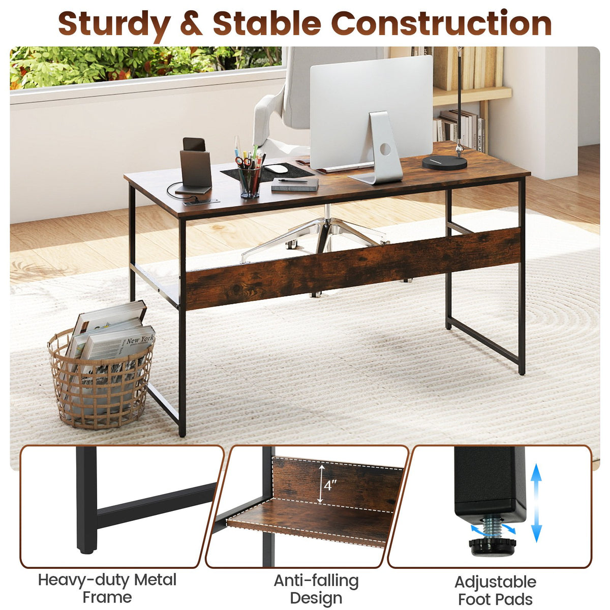 55 x 24 inch Computer Desk with Power Outlets and USB Ports-Rustic Brown view 9