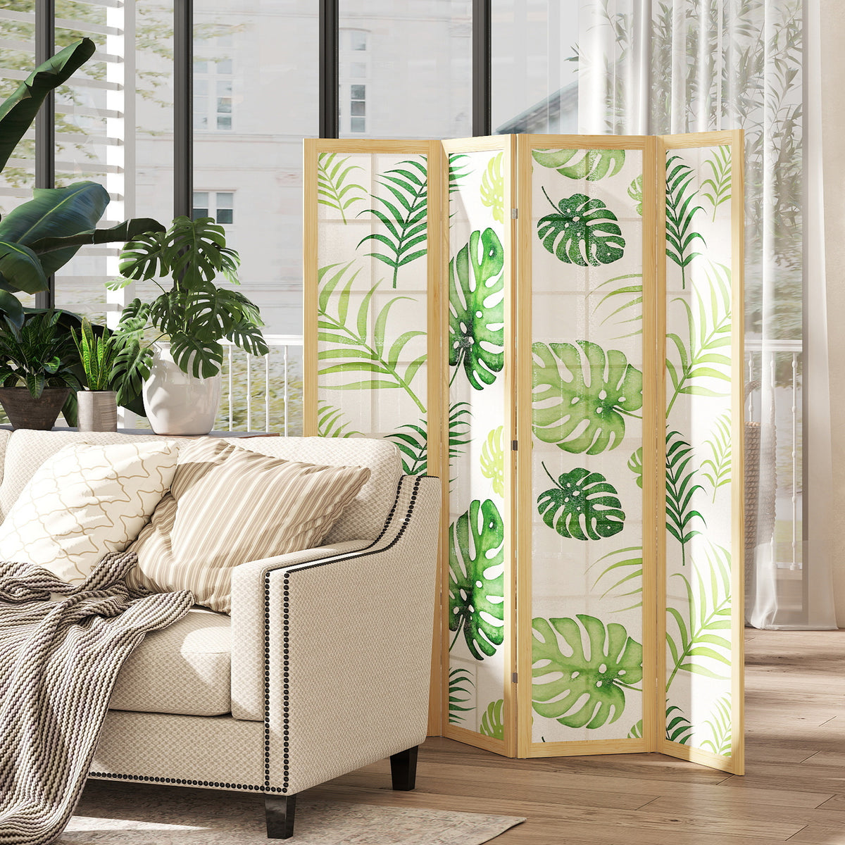 4 Panel Folding Privacy Screen, 67" Room Divider with Palm Leaf Design for Living Room Bedroom, Natural and Green