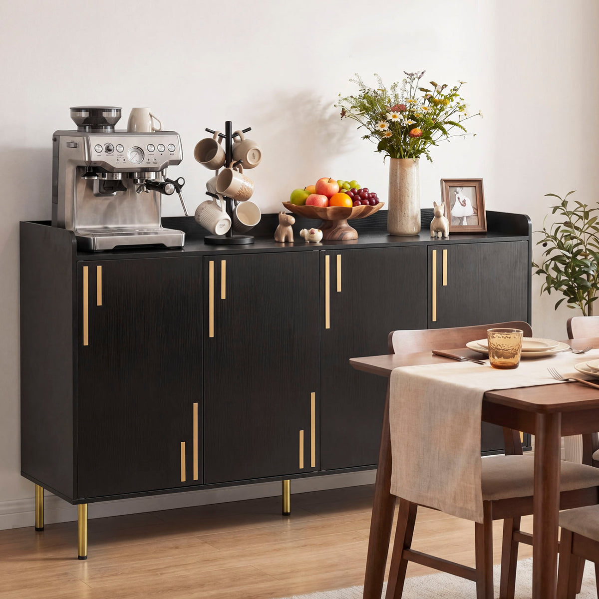 55 inches Buffet Cabinet with 4 Doors and 5 Metal Legs Modern Credenza-Black view 2