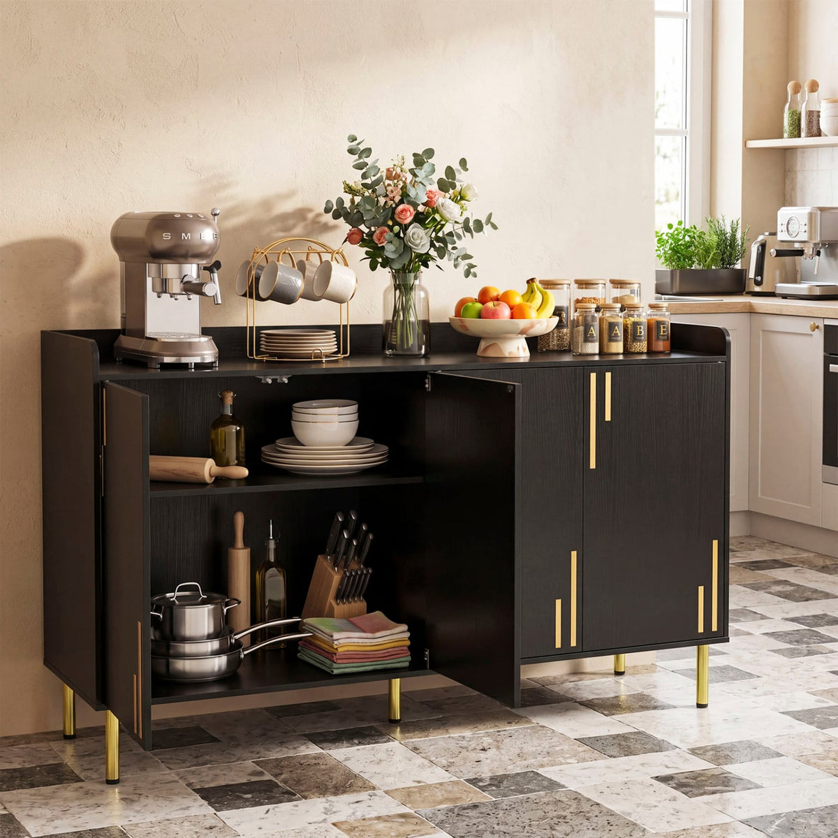 55 inches Buffet Cabinet with 4 Doors and 5 Metal Legs Modern Credenza-Black view 3
