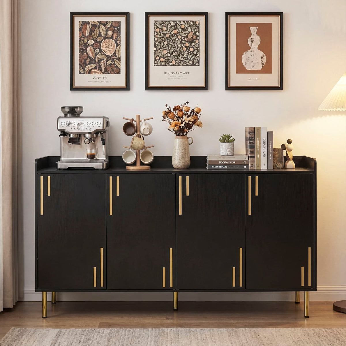 55 inches Buffet Cabinet with 4 Doors and 5 Metal Legs Modern Credenza-Black view 6