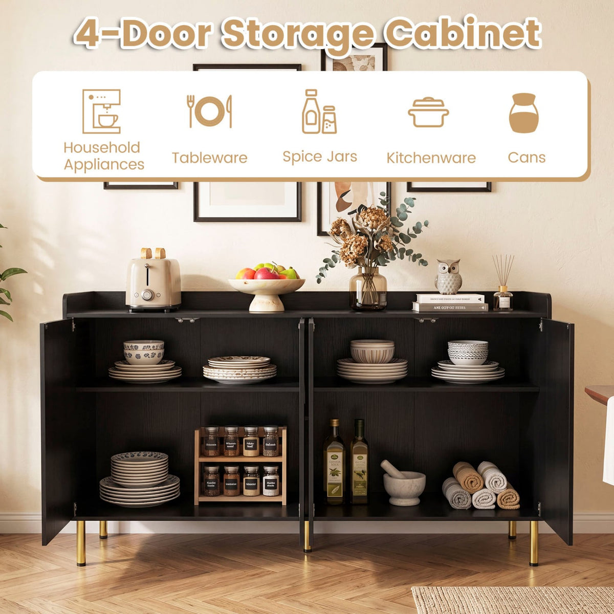 55 inches Buffet Cabinet with 4 Doors and 5 Metal Legs Modern Credenza-Black view 7