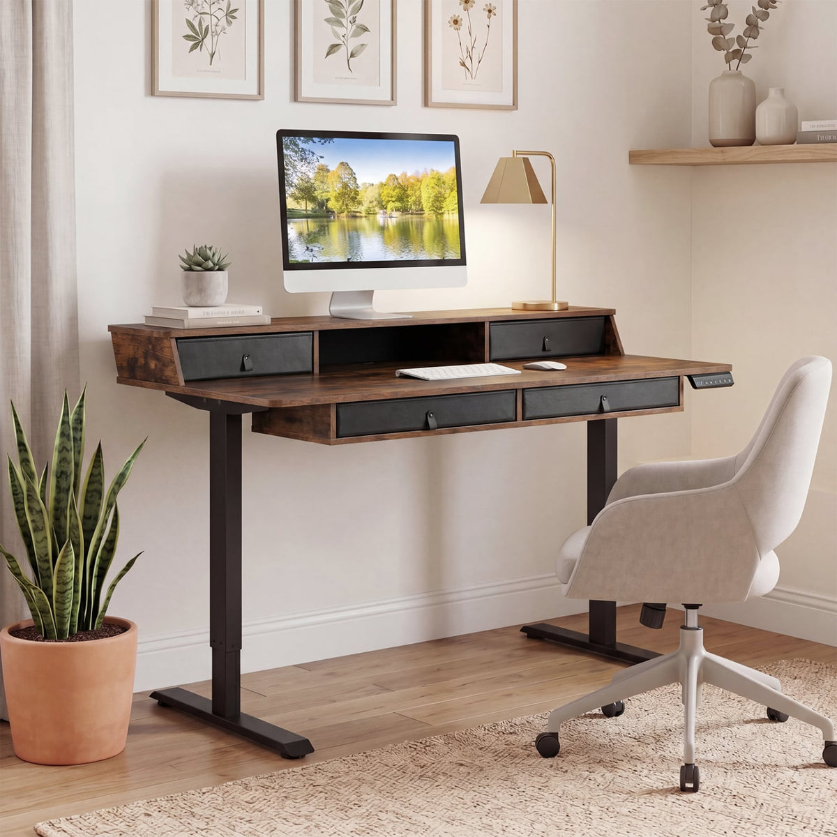 55 Inch x 27 Inch Electric Standing Desk with Drawers-Rustic Brown view 2