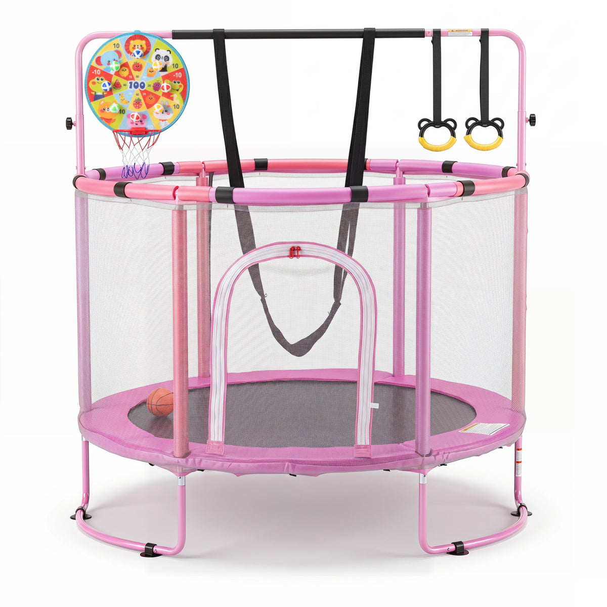 55 inches Trampoline for Kids with Adjustable Gymnastics Bar and Basketball Hoop for 3+-Purple