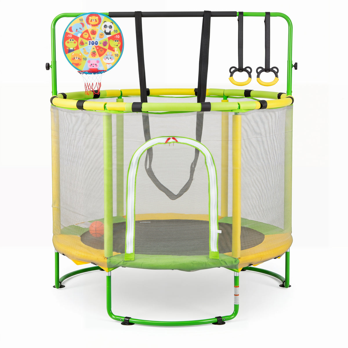 55 inches Trampoline for Kids with Adjustable Gymnastics Bar and Basketball Hoop for 3+-Yellow