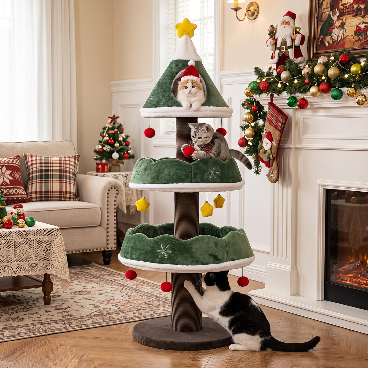 56.5 Inch Multi-Level Cat Tower with Fully-wrapped Scratching Posts-Green view 2