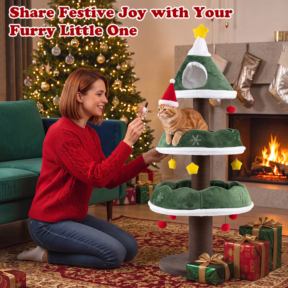 56.5 Inch Multi-Level Cat Tower with Fully-wrapped Scratching Posts-Green view 6