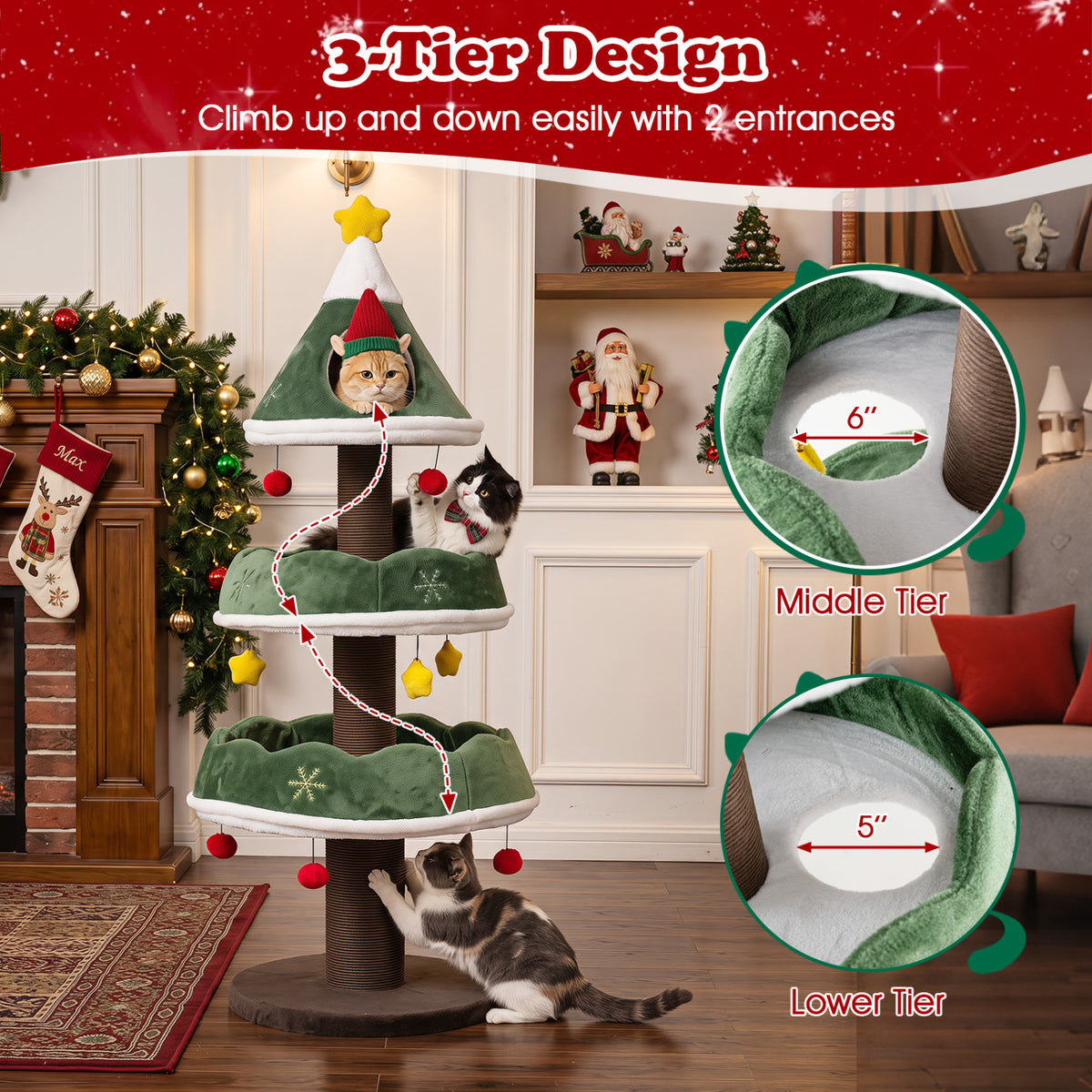 56.5 Inch Multi-Level Cat Tower with Fully-wrapped Scratching Posts-Green view 8