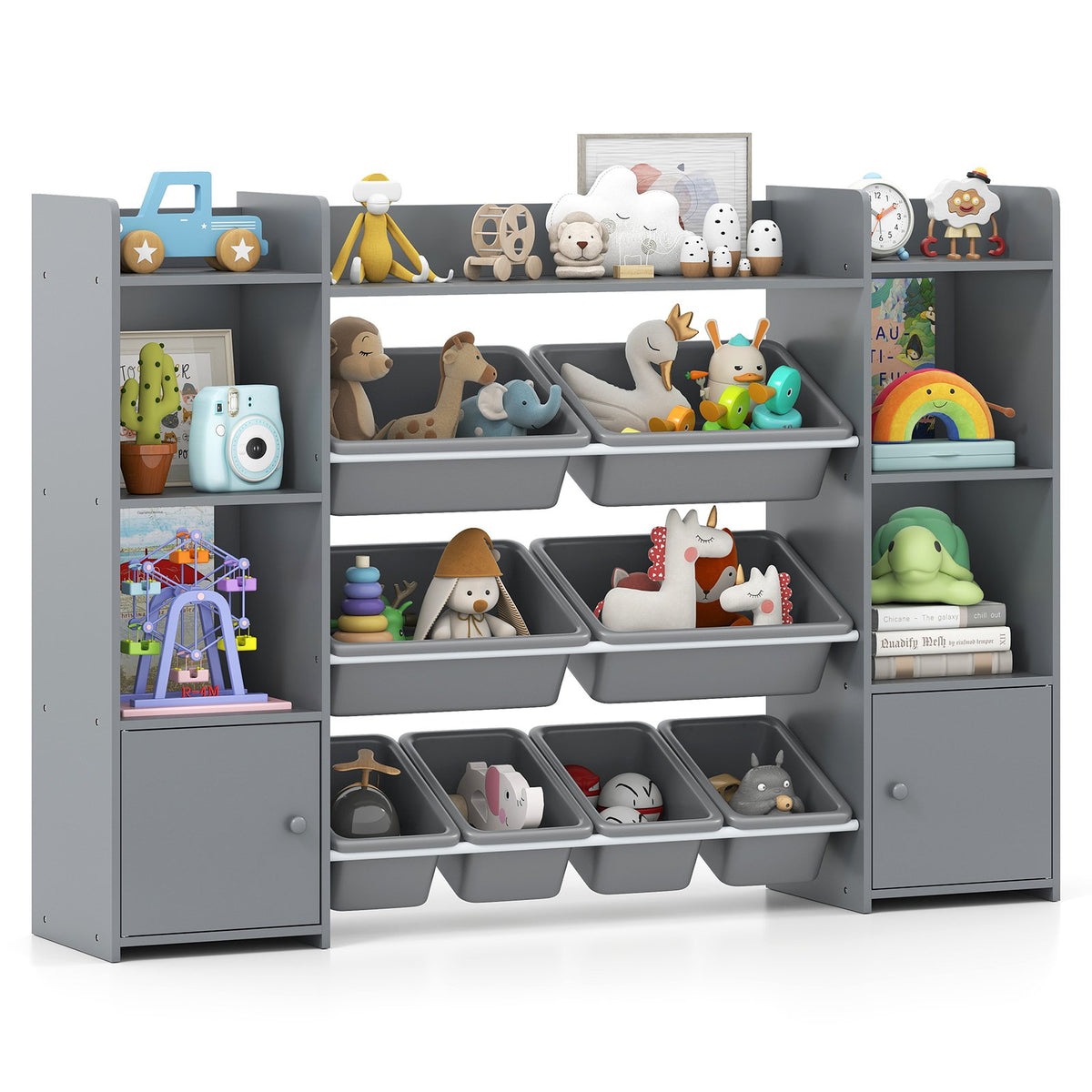 56 inch Large Toy Storage Organizer with 8 Removable Bins and Bookshelf-Gray