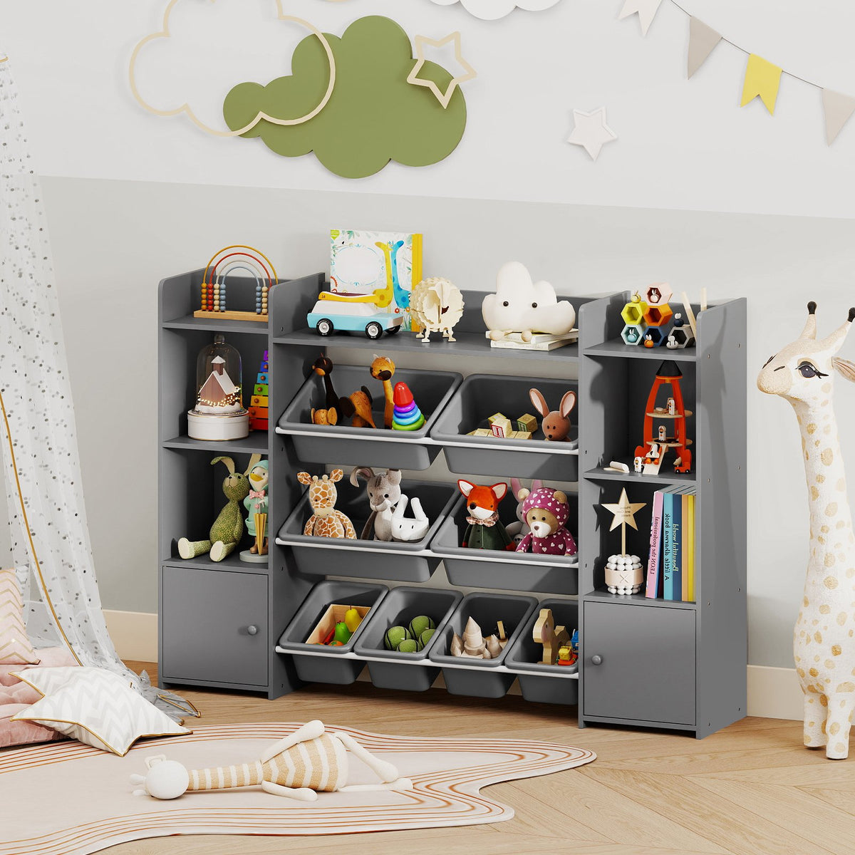 56 inch Large Toy Storage Organizer with 8 Removable Bins and Bookshelf-Gray view 2
