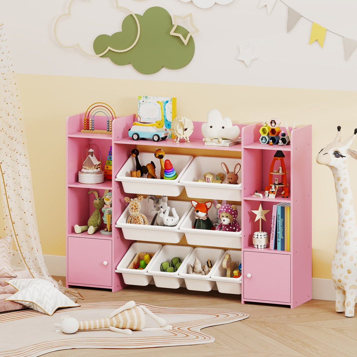 56 inch Large Toy Storage Organizer with 8 Removable Bins and Bookshelf-Pink view 2