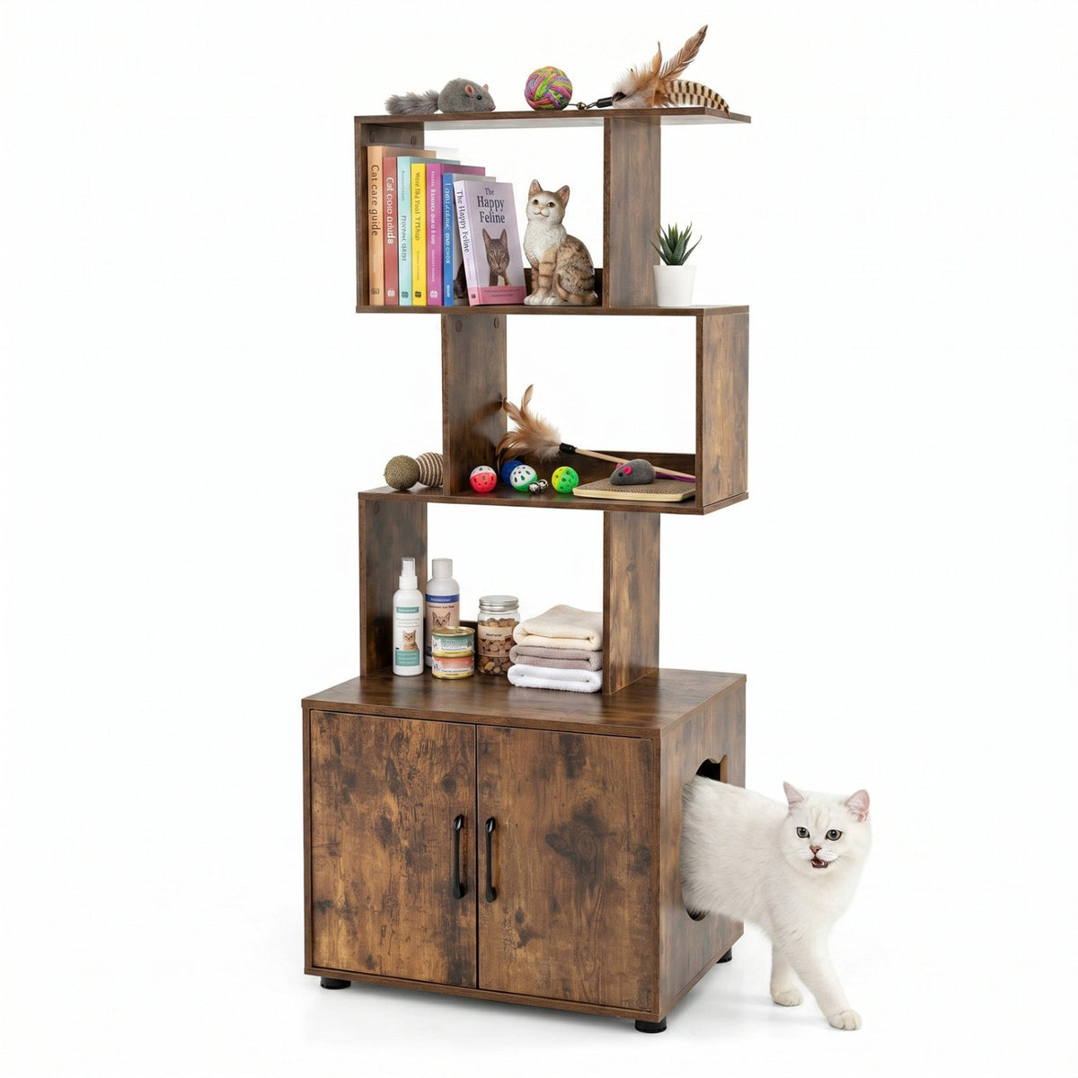 56 Inch Tall Cat Litter Box Enclosure with Storage-Rustic Brown