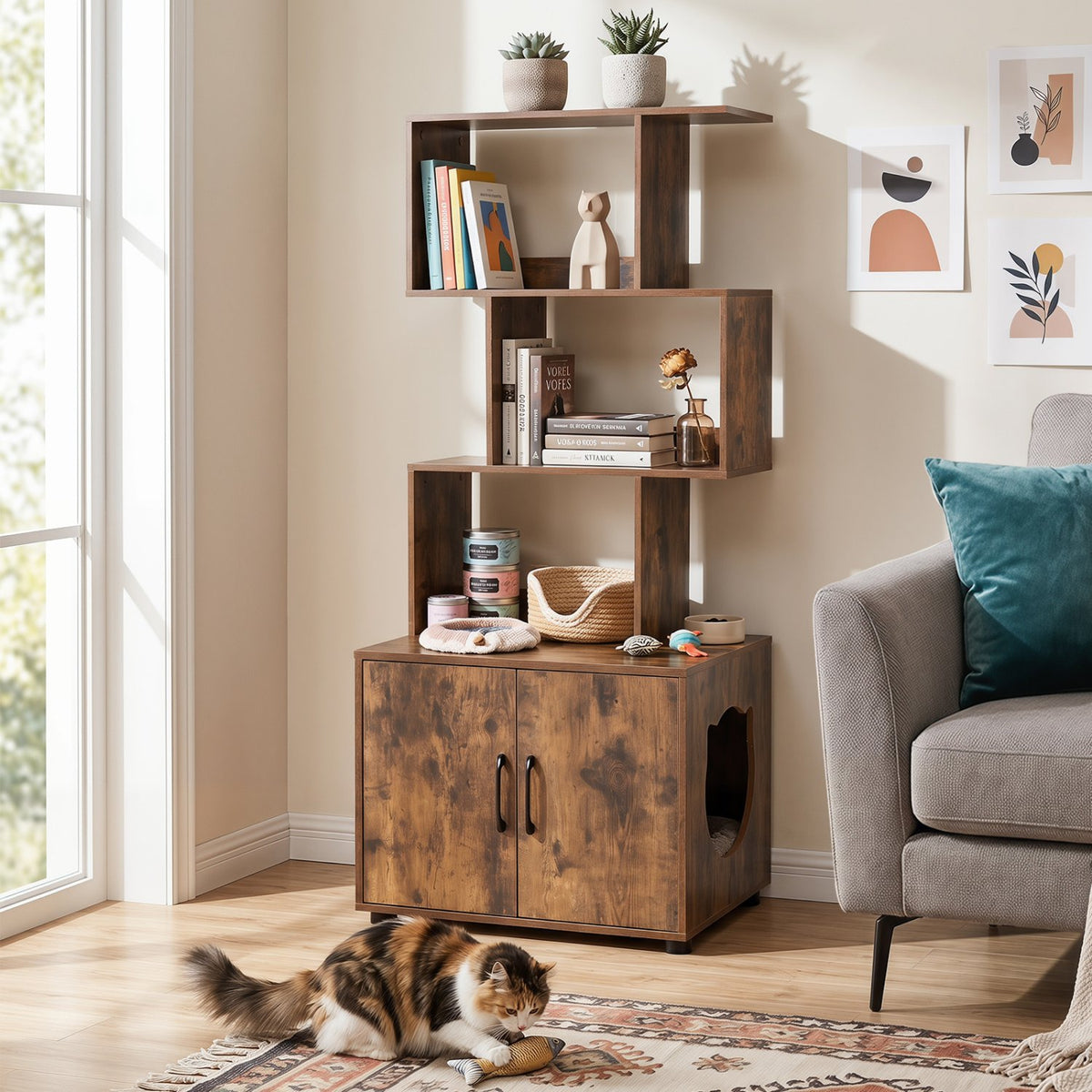 56 Inch Tall Cat Litter Box Enclosure with Storage-Rustic Brown view 2