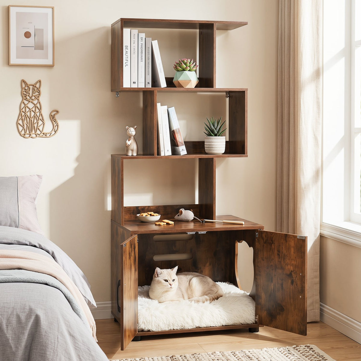 56 Inch Tall Cat Litter Box Enclosure with Storage-Rustic Brown view 3