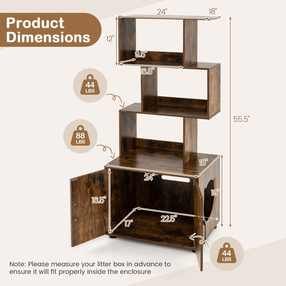 56 Inch Tall Cat Litter Box Enclosure with Storage-Rustic Brown view 5