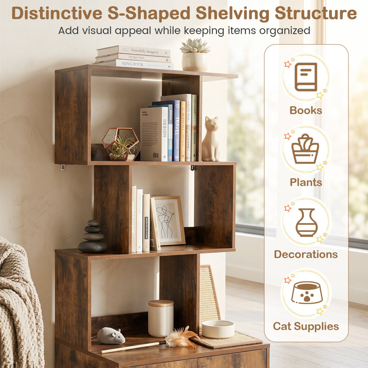 56 Inch Tall Cat Litter Box Enclosure with Storage-Rustic Brown view 7