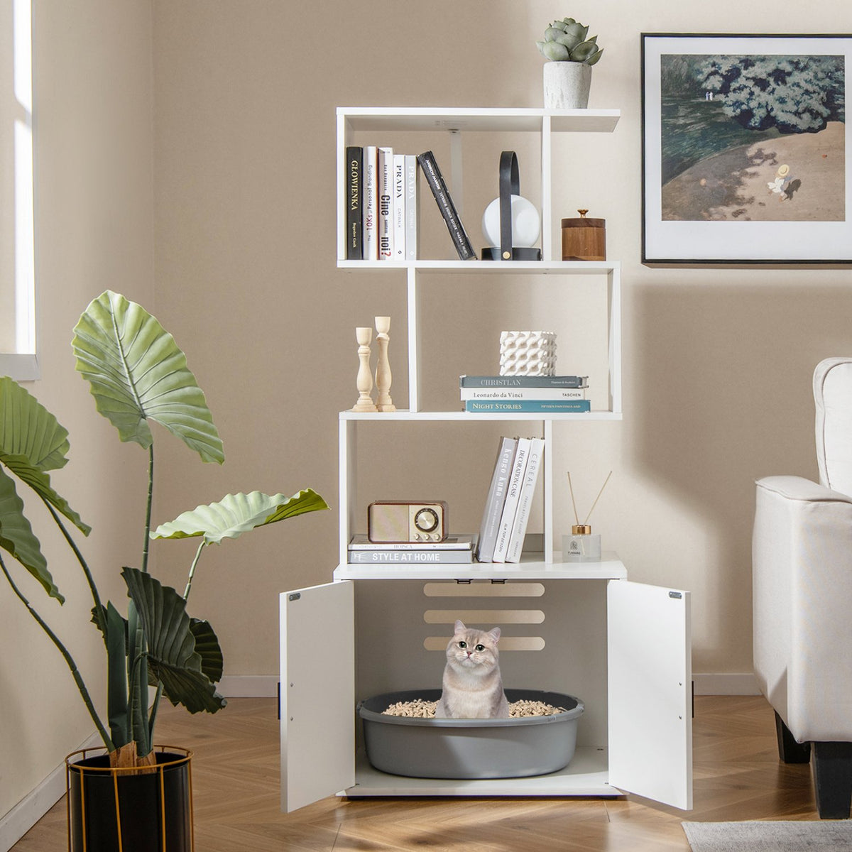 56 Inch Tall Cat Litter Box Enclosure with Storage-White view 2