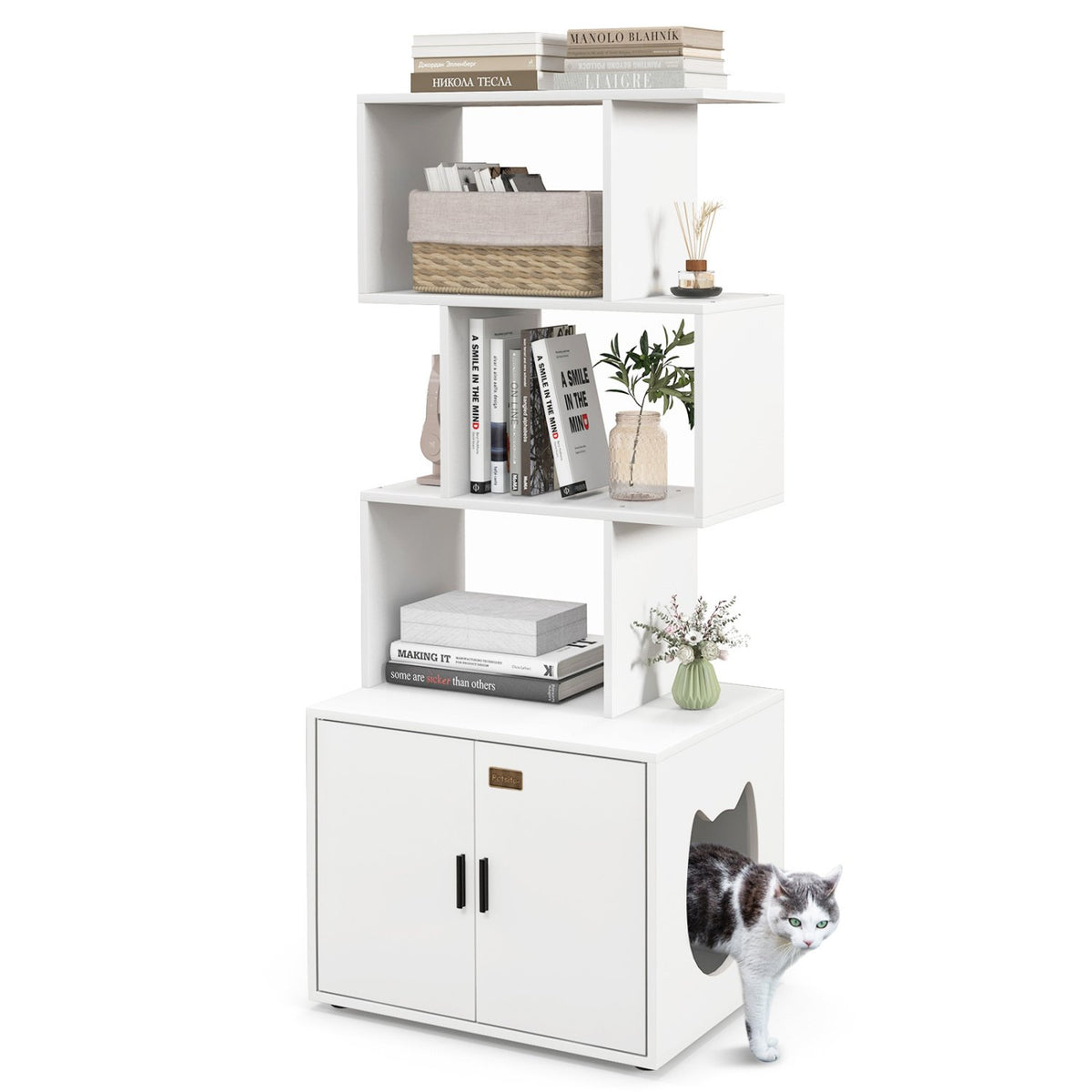 56 Inch Tall Cat Litter Box Enclosure with Storage-White view 4