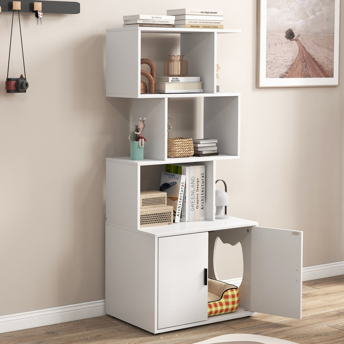 56 Inch Tall Cat Litter Box Enclosure with Storage-White view 6