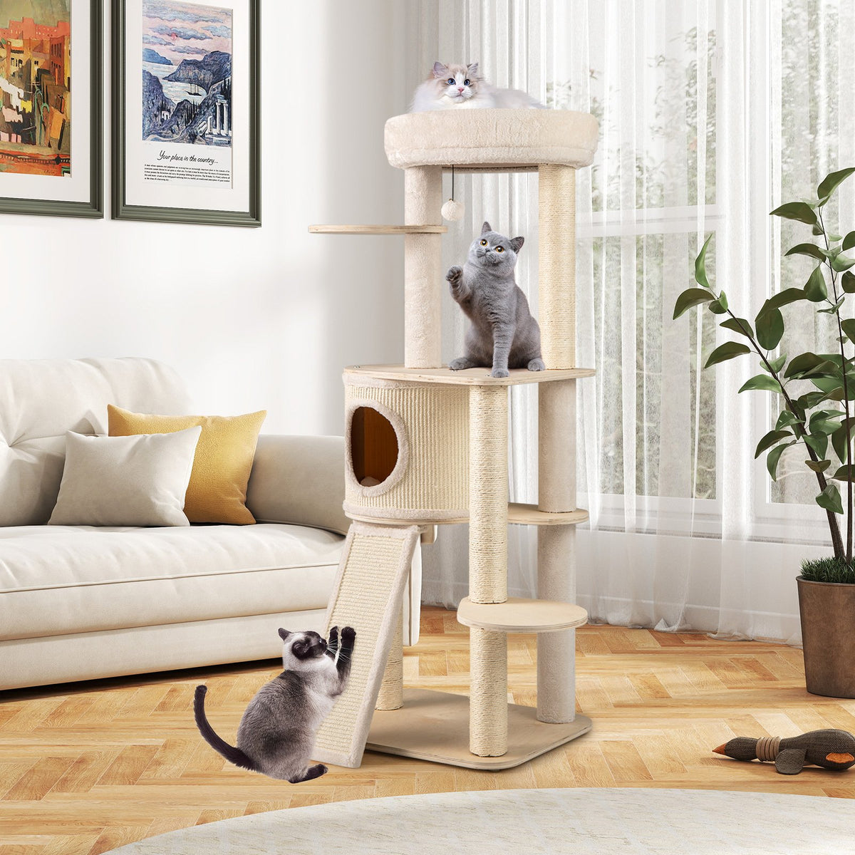 56 Inch Tall Cat Tree with 2 Sisal Scratching Posts and Ladder-Natural view 3