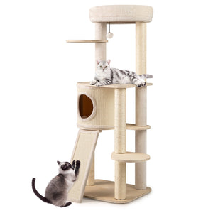 56 Inch Tall Cat Tree with 2 Sisal Scratching Posts and Ladder-Natural view 4