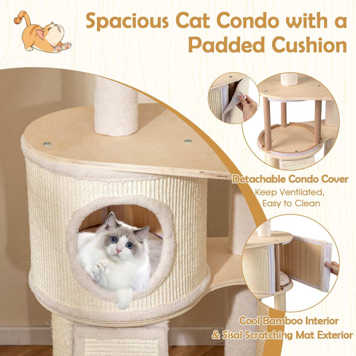 56 Inch Tall Cat Tree with 2 Sisal Scratching Posts and Ladder-Natural view 6