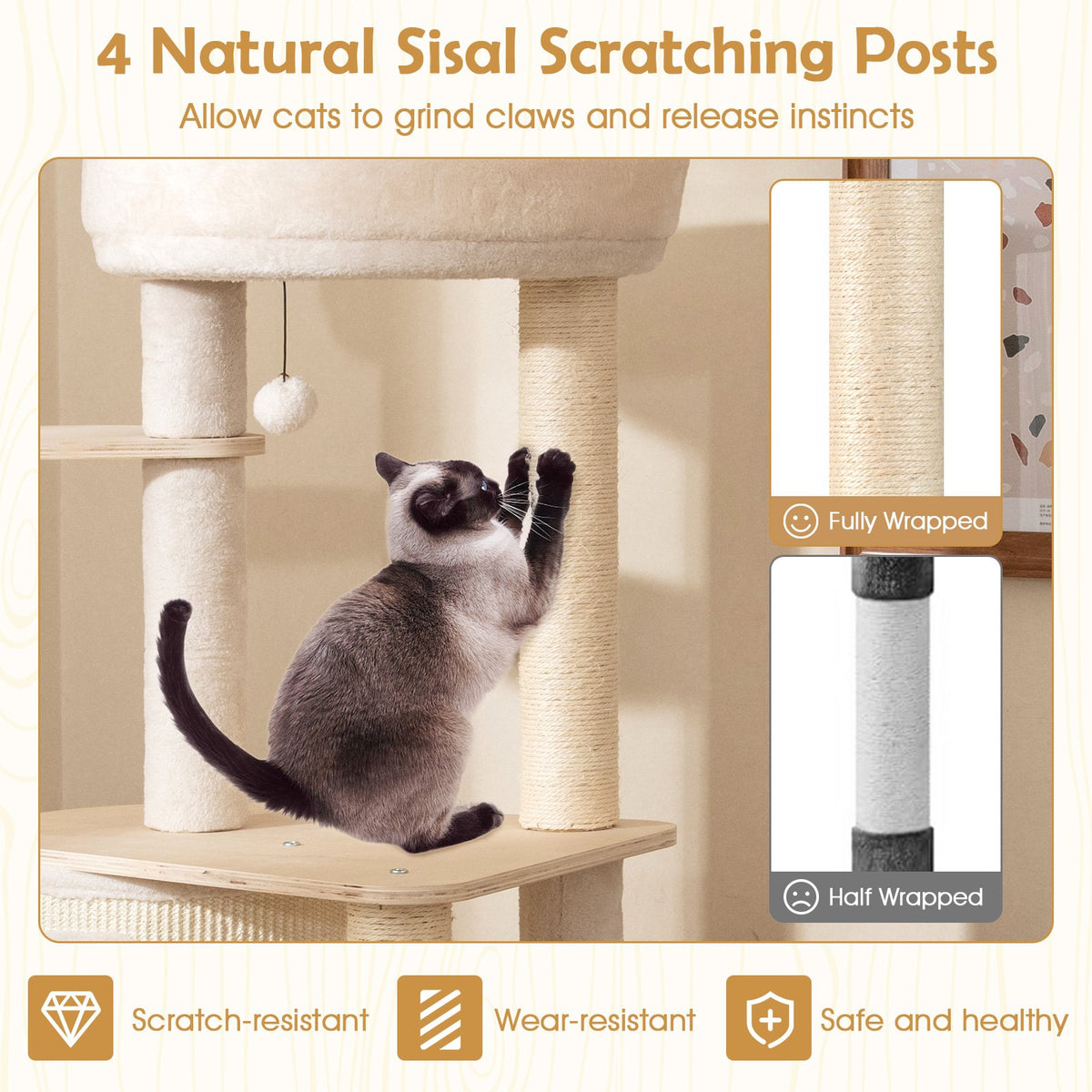 56 Inch Tall Cat Tree with 2 Sisal Scratching Posts and Ladder-Natural view 8