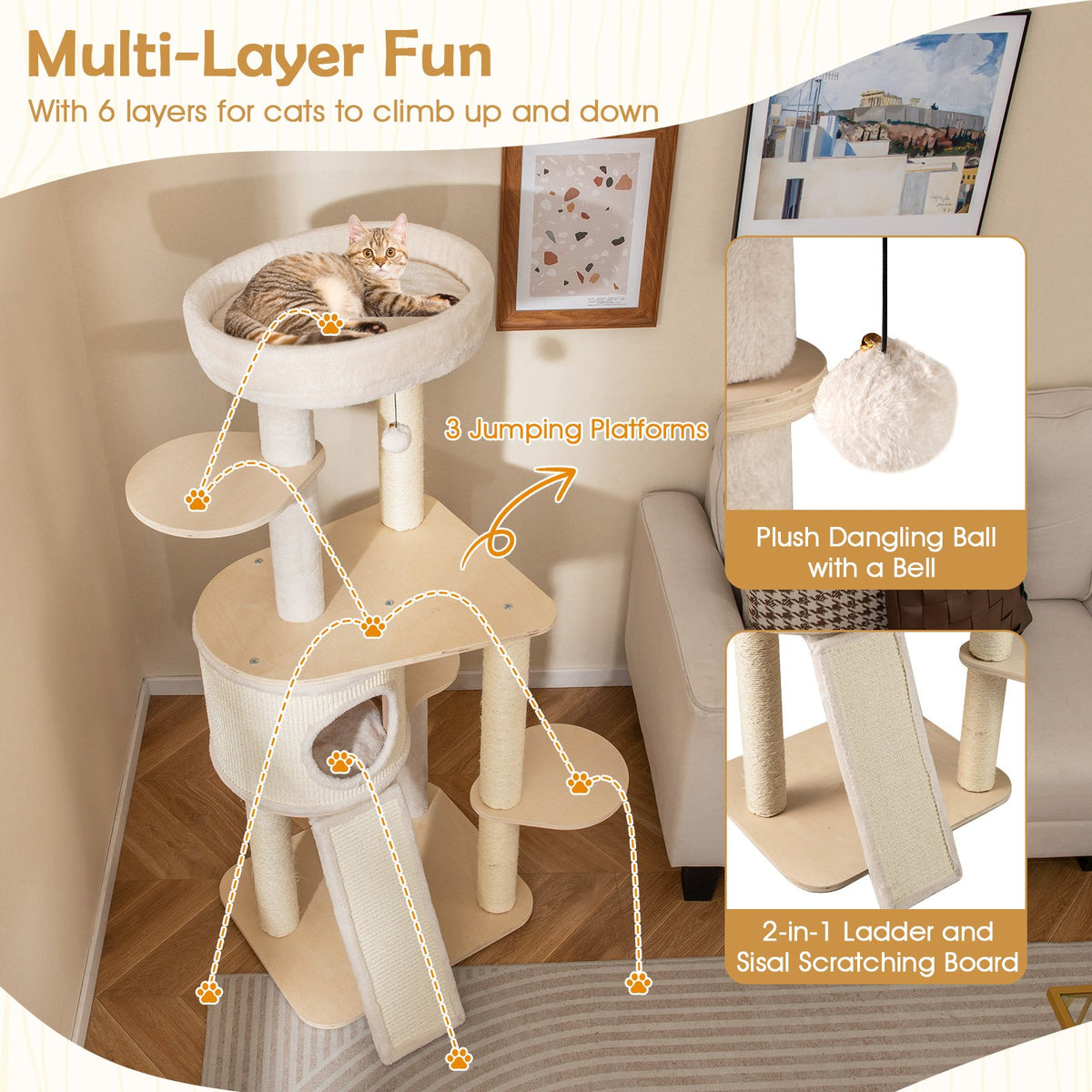 56 Inch Tall Cat Tree with 2 Sisal Scratching Posts and Ladder-Natural view 9