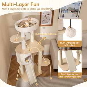 56 Inch Tall Cat Tree with 2 Sisal Scratching Posts and Ladder-Natural view 9