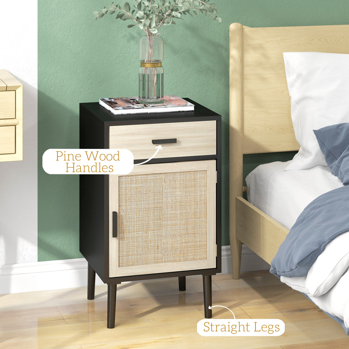 Boho Bedside Tables Set of 2, Nightstands with Drawer, Rattan Cabinet, Adjustable Shelf for Bedroom – view 13