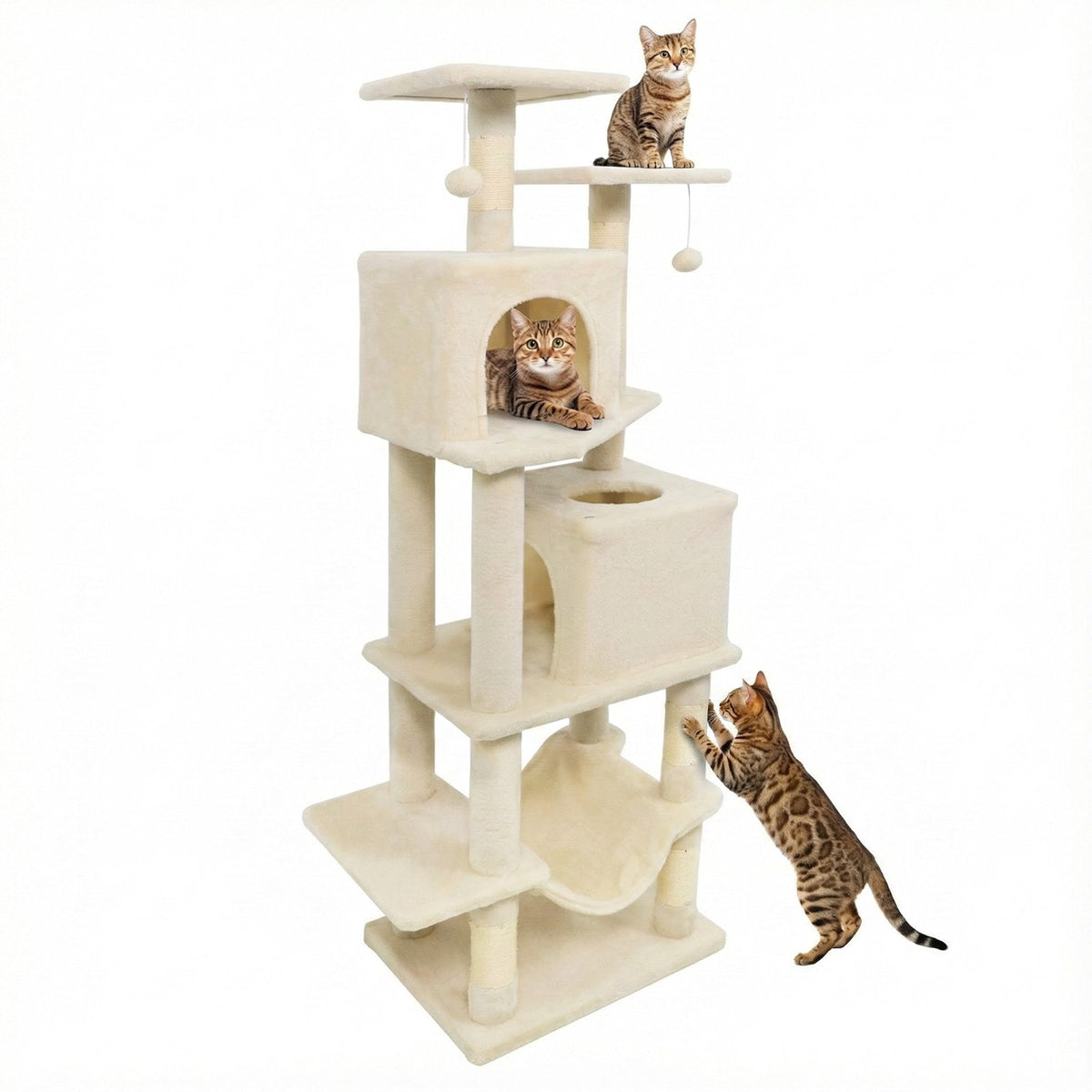 57 Inch Cat Tree with Dual Condos and Hammock and 2 Dangling Balls-Beige