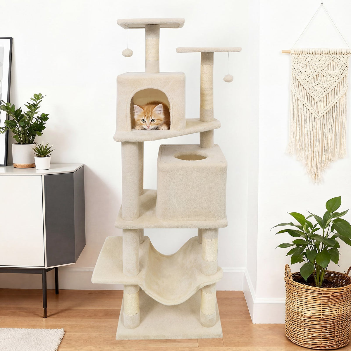 57 Inch Cat Tree with Dual Condos and Hammock and 2 Dangling Balls-Beige view 3